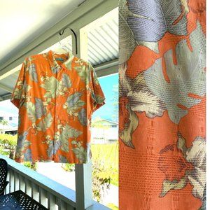 Tori Richard Aloha Shirt Tropical Leave Design on Coral Background